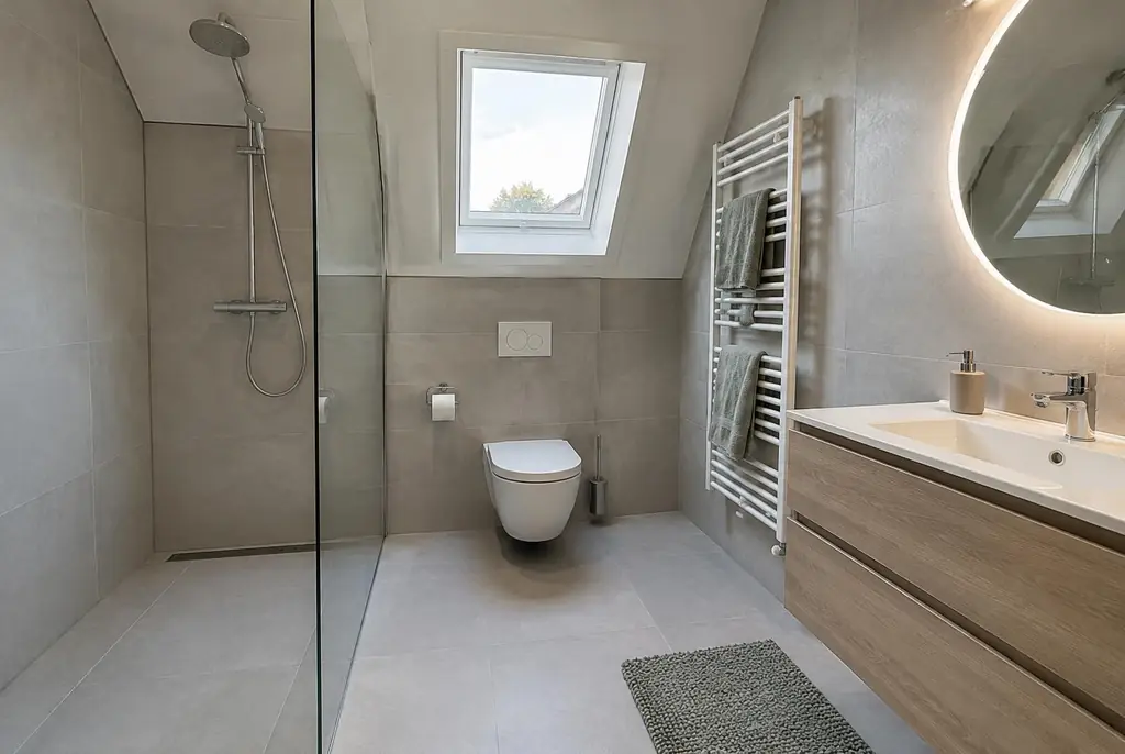 Lekdetectie Naarden – droge badkamer met inloopdouche na herstel