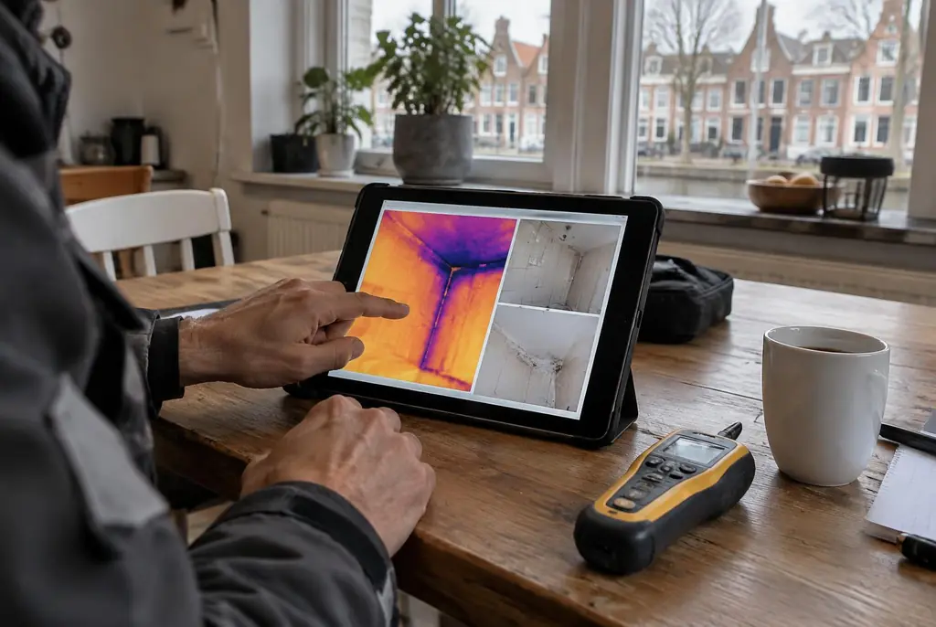 Lekdetectie Naarden – lekdetectierapport met warmtebeelden en foto's op een tablet