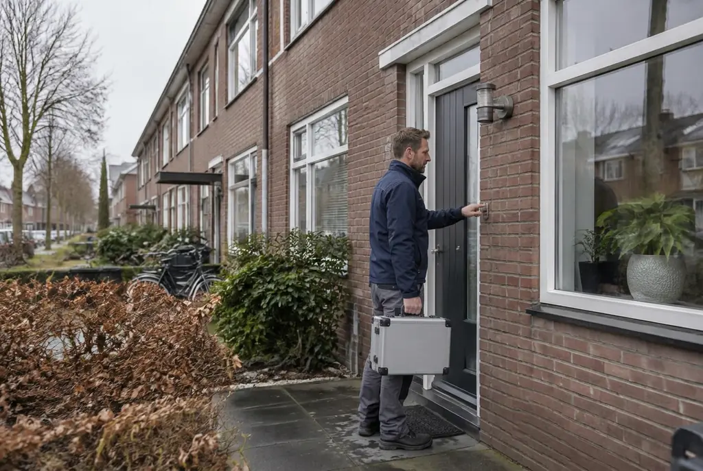 Lekdetectiespecialist met meetkoffer bij de voordeur van een woning in Naarden